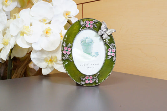 Vintage Butterfly Flower Pattern Oval Free Standing Desk Photo Frame  3"x5"